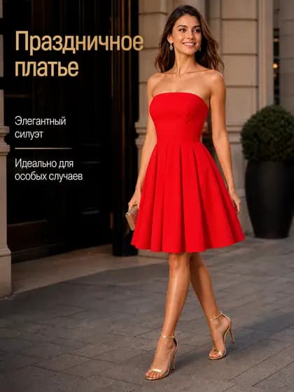Красное праздничное платье на модели с инфографикой